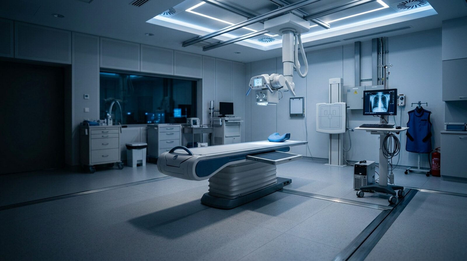 X-ray room with chest stand and X-ray tube