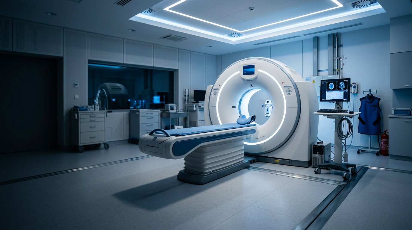 A CT scanner in a modern imaging suite under cool blue light